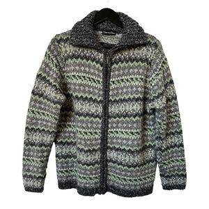 Vintage One on One Green Striped Marled Knit Grandma Full Zip Sweater